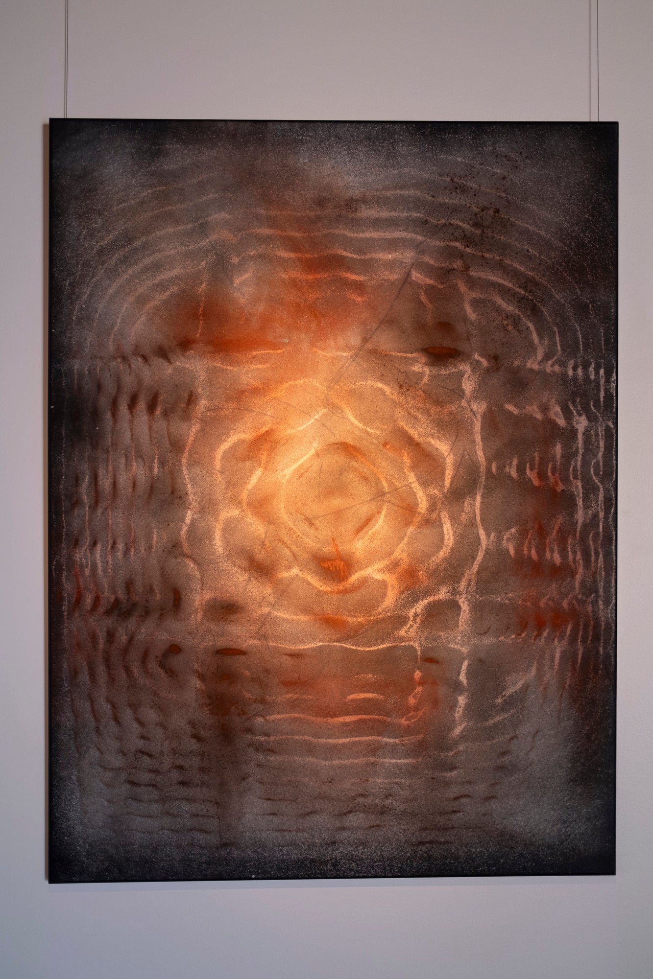 Original cymatics chladni painting created by sound vibration using earth pigments charcoal and sand on canvas