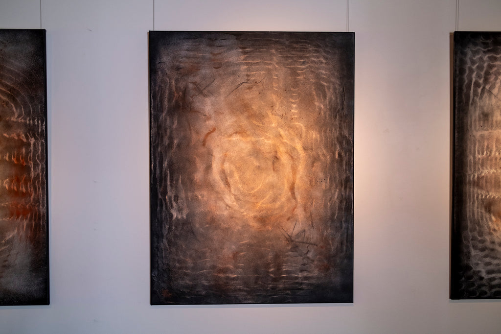 Original cymatics painting created by sound vibration using earth pigments charcoal and sand on canvas
