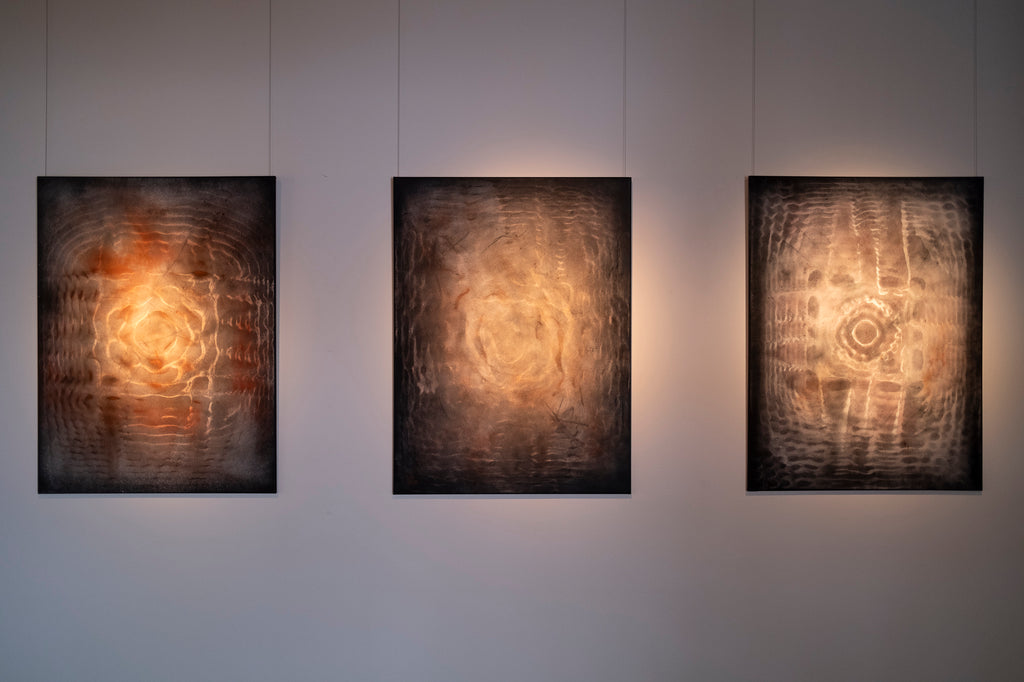 3 Large original cymatics painting displayed in gallery — sound vibration art with earth pigments on canvas chaldni art. 