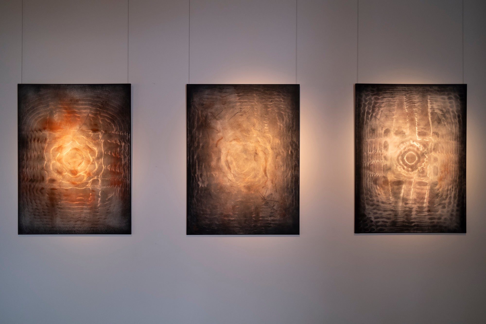 3 Large original cymatics painting displayed in gallery — sound vibration art with earth pigments on canvas chaldni art. 